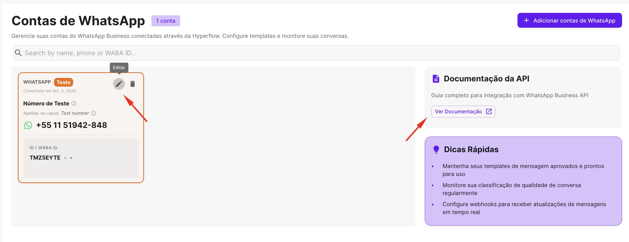 Número de teste conectado na WhatsApp API Hyperflow