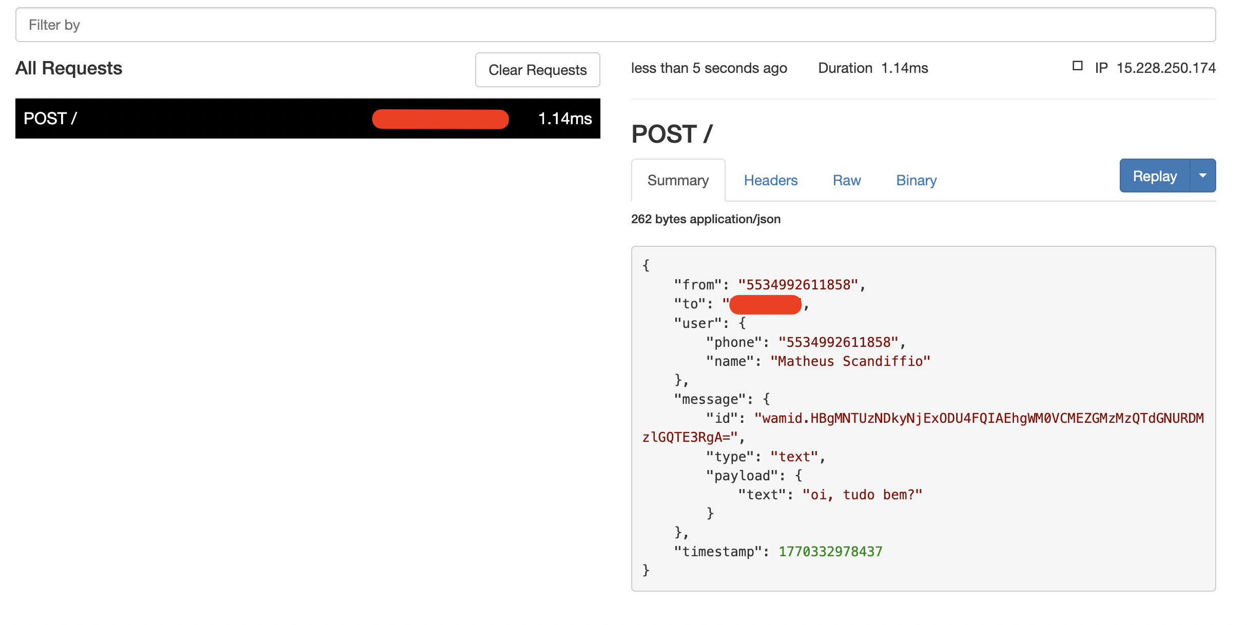 Exemplo de payload recebido via webhook
