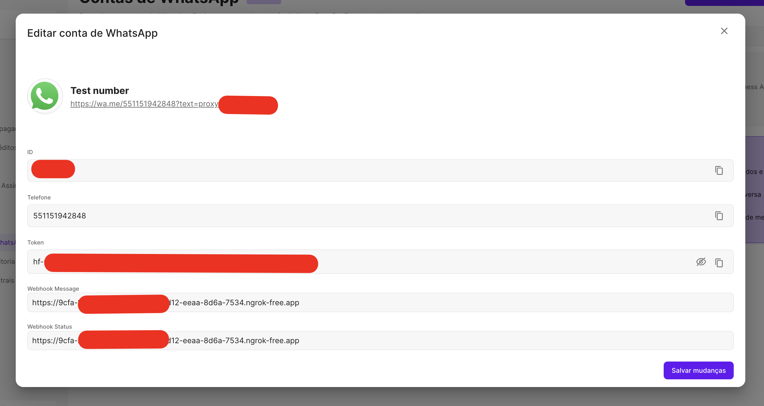 Tela de configuração do número de teste